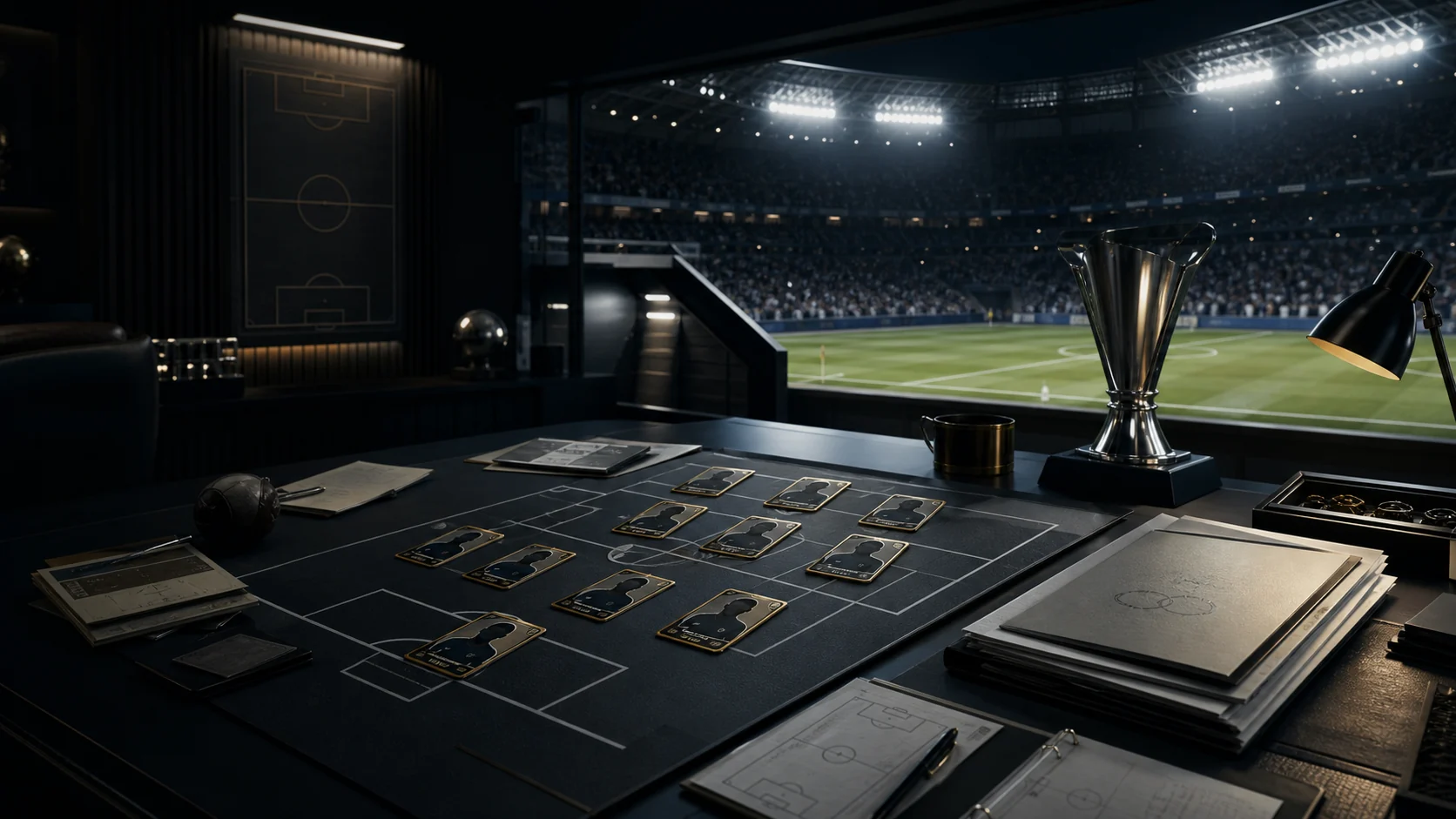 Mesa de estratégia de um treinador com formação, cartas de jogadores e estádio ao fundo