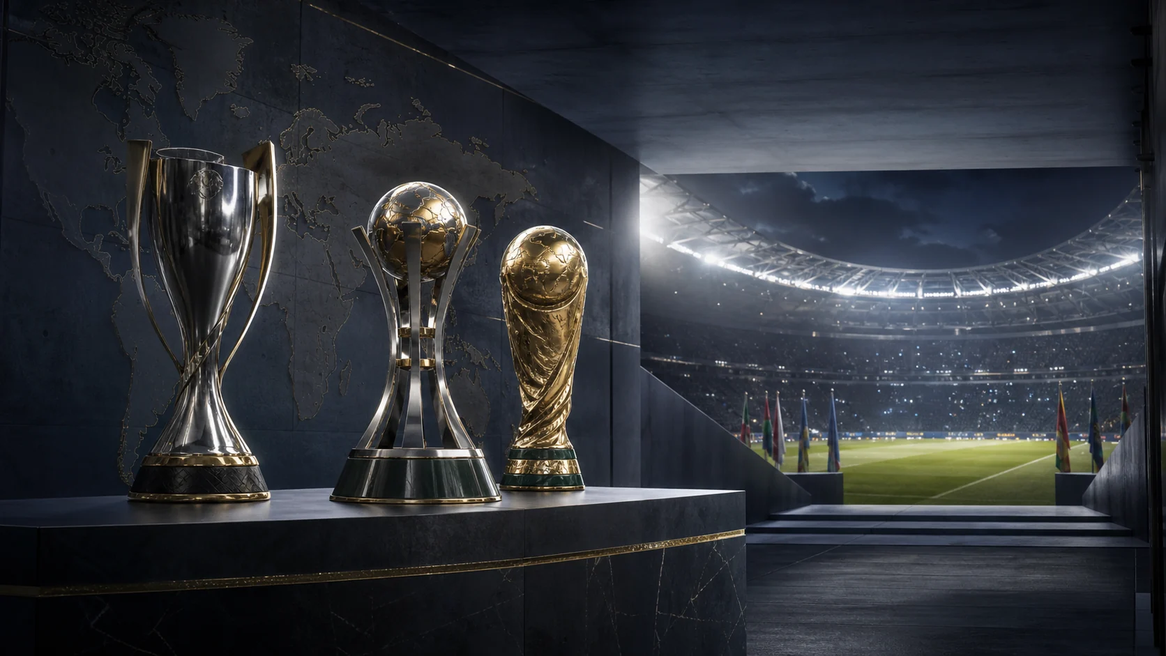 Três troféus de futebol diante da entrada de um grande estádio internacional